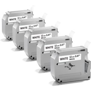 M-K231 Label Tape Replacement for M-K231s Brother Label Tape 12mm 0.47 White P Touch M Tape M231 MK231 MK-231 M-231 Refills, Compatible with Brother PT-M95 PT-90 PT-85 PT-70 PT-65 PT-60 PT-45, 5-Pack