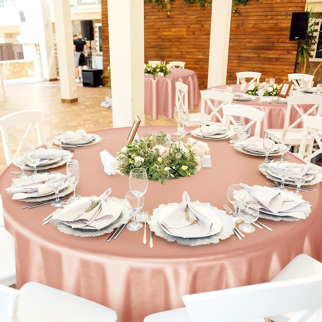 Queekay 5 Pcs 84'' Round Plastic Tablecloth 12 x 108'' Satin Table Runners Set White Plastic Table Covers Round Waterproof Cloths for Wedding Party Decor Baby Shower Birthday(Rose Gold)