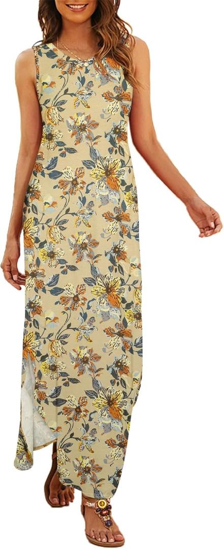 Hount Women's Casual Summer Sleeveless Dress Loose Split Maxi Dresses with Pockets S