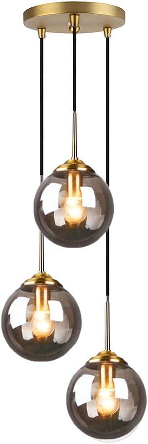 H XD GLOBAL Industrial Retro Loft 3 Way Pendant Light, Cluster Chandelier Hanging Lamp Fixture Brass Fittings with Glass Globe Lampshade (Grey) 