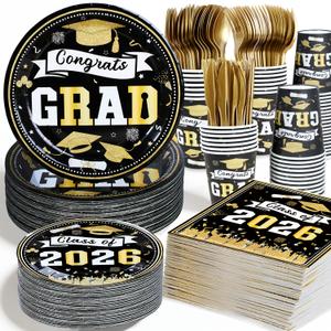 2026 Graduation Decorations Party Supplies-Graduation Plates and Napkins, Black and Gold Graduation Decorations 2026 Tableware Class Of 2026 Grad Paper Plates and Napkins for Congrats Grad Party