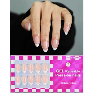French Almond Gel Press On Nails Short 16 Sizes Fake Nails Glossy 32pcs, Nail Glue Included (French White Tip)