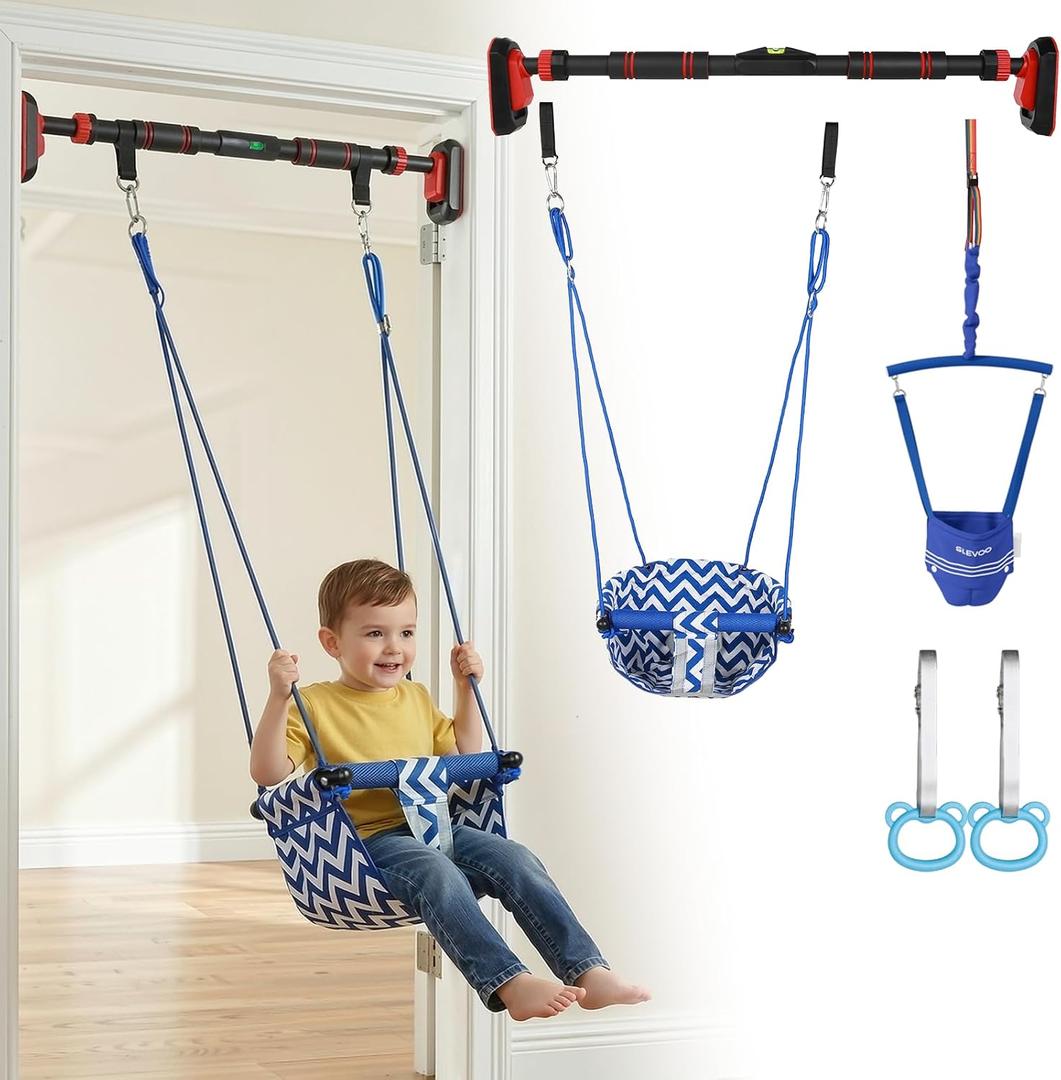 Slevoo Kids Doorway Jumper Swing with Pull-Up Bar Gym, 4-in-1 Indoor Playground Set, Fits 28"-37" Hallway Doorway Exercise & Play Equipment for Toddlers & Kids