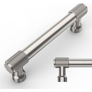 Amerdeco 10 Pack Brushed Satin Nickel Knurled Cabinet Pulls 3-3/4 Inch(96mm) Hole Center Kitchen Cabinet Handles Drawer Pulls Cabinet Hardware ZH0034 (3.75"/96MM Hole Center)
