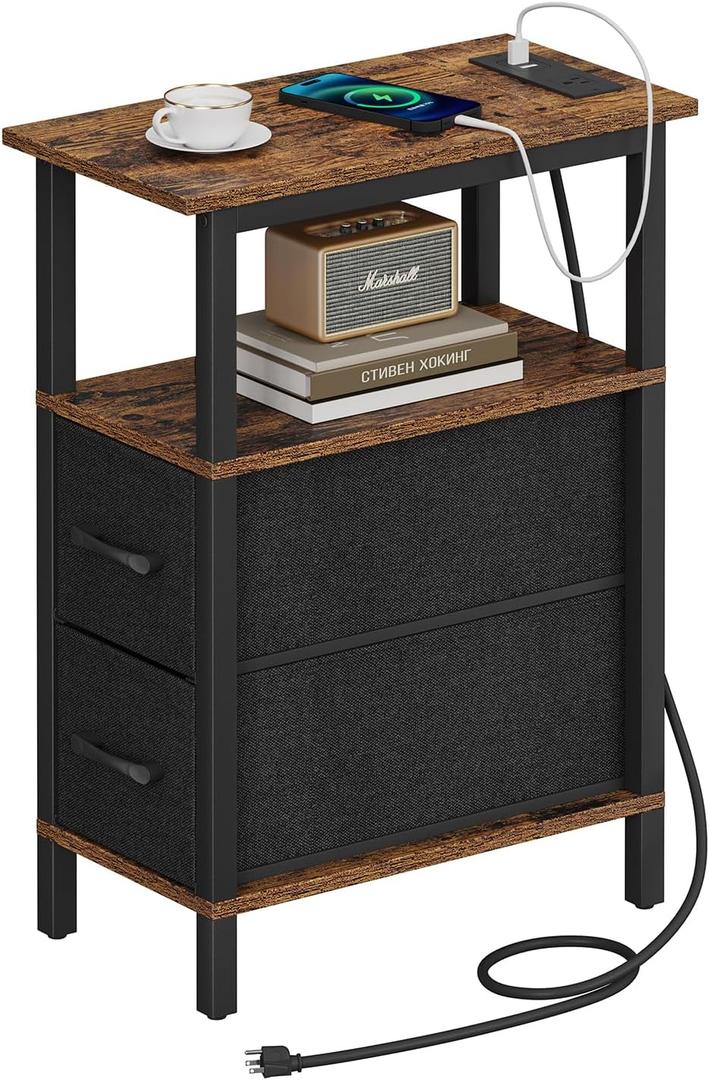 Narrow Side Table for Small Spaces, Skinny End Table with Charging Station, Sofa Beside Table with 2 Drawers 1 Open Compartment, Slim Nightstand with USB Ports Outlet, Rustic and Brown UTBT004F