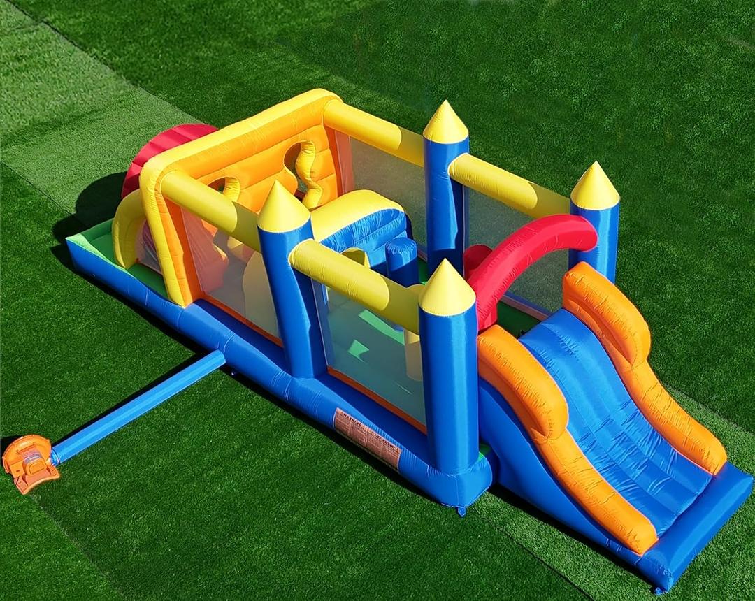 HuaKastro 20.5FT(L) Extended Inflatable Obstacle Course Bounce House for Kids Party Easter Event, with Various Obstacles: Tunnel, Crossing Wall, Jungle, Jumping Area, Climbing Wall and Slide