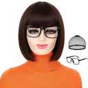 Velma Wig + 1 Black Glasses + 1 Wig Cap Brown Bob Wig with Bangs for Women Short Bob Wigs Womens Costume Cosplay Halloween Party Daily Wigs