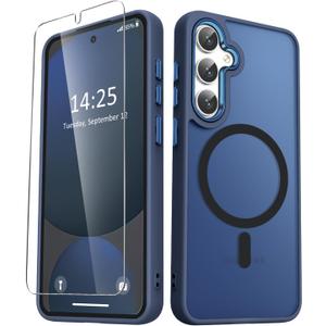 YENAPOON for Samsung Galaxy S25 Case, Matte Magnetic Phone Case with 1 Screen Protector, Support for Magsafe, Translucent Frosted Shockproof Protective Cover for Samsung Galaxy S25, Navy Blue