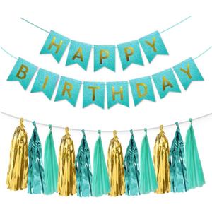 Teal Turquoise Gold Birthday Party Decorations Aqua Mint Birthday Banner Paper Tassel Garland Fringe Streamers for Girls 16th Women 30th 40th 50th Birthday Backdrop Dcor