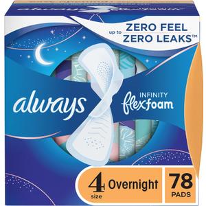 Always Infinity Feminine Pads for Women, Flexfoam Pads with Wings, Size 4, Overnight Absorbency, Unscented, 78 Count (3 Packs of 26) Always Infinity Feminine Pads for Women, Flexfoam Pads with Wings, Size 4, Overnight Absorbency, Unscented, 78 Count (3 Packs of 26)