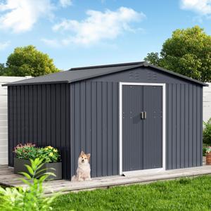12 x 10 ft Outdoor Storage Shed, Garden Tool Metal Shed with Lockable Entrance, Air Vents and Sloping Roof, Metal Aluminum Waterproof Tool Sheds for Gardens, Patio, Garage, Lawn, Gray