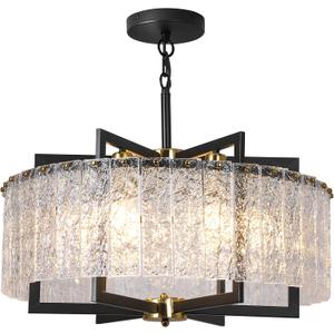 Modern Black Crystal Chandeliers for Dining Room, Elegant Chandelier Light Fixture for Kitchen Island, Water Ripple Glass, Drum Hanging Lights for Bar Table Entryway Foyer Hallway-24”