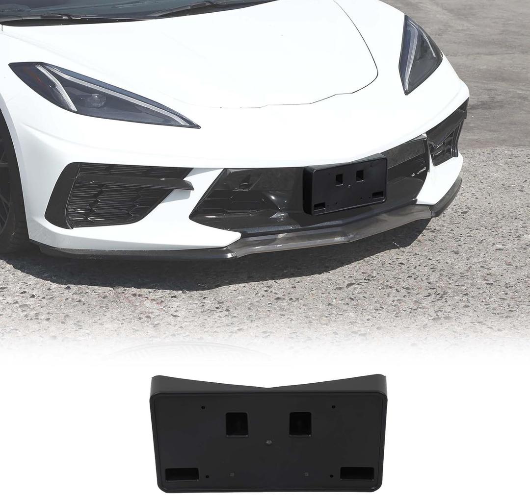 Front License Plate Mount Bracket Replacement Compatible with Chevrolet Corvette C8 2020-2026, ABS Front Bumper License Plate Frames Holder, License Plate Trim Base Replacement Kit (Black)