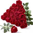 Serwalin 20pcs Red Roses Artificial Flowers, 4'' Big Velvet Flower Head Fake Roses, Realistic Silk Roses Bouquet Long Stems for Wedding Home Decor and Table Centerpiece