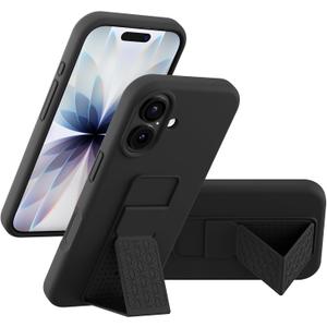LAUDTEC Silicone Kickstand Case Compatible with iPhone 17, Vertical and Horizontal Stand Hand Strap Metal Kickstand Cover, Flexible Soft Liquid Silicone Stand Case for iPhone 17 (Black)