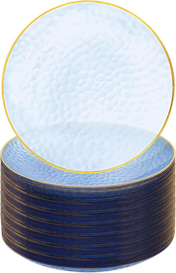 Rubtlamp 60 Pcs Blue Gold Plastic Plates, Hammered Plastic Dessert/Salad Plates, 7-Inch Blue Dessert Platos,Appetizer Platos Disposable Perfect For Wedding