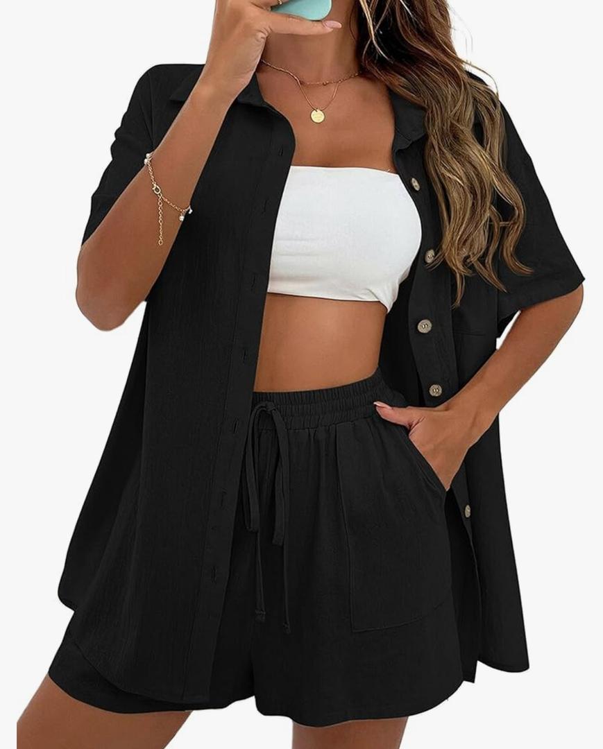 APAFES Women Summer Cotton Linen Short Sets 2 Piece Shorts Top Lounge Beach Vacation Two Piece Outfits Tracksuits S, Black