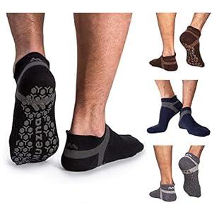 Muezna Men's Non-Slip Yoga Socks, Anti-Skid Pilates, Barre, Bikram Fitness Hospital Slipper Socks with Grips (6-9, Ankle Style White - 3 Pairs)