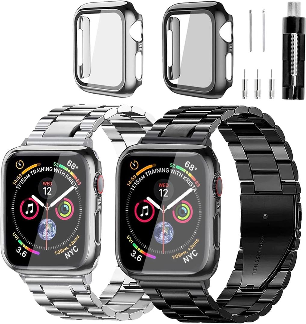Stainless Steel Band and Case Compatible With Apple Watch Iwatch Ultra Series 38mm/40mm/41mm Men Women Classic Classy Metal Business (Black&Silver)