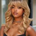 Allbell Body Wave Wig with Bangs Medium Length Ombre Blonde Wigs for Black Women Synthetic Wavy Curly Wigs Heat Resistant Fiber Hair for Daily 16Inch