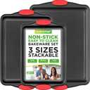 NutriChef 3-Piece Nonstick Kitchen Oven Baking Pans - Premium & Stylish Non-Stick Steel, Commercial Grade Restaurant Quality Metal Bakeware with Red Silicone Handles - Easy to Clean, NCSBS3S, 3-piece Set