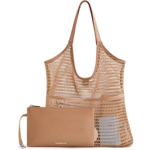 Missnie Women Mesh Beach Bag - Sandproof Foldable Summer Tote Leather Hobo Purse with Pouch for Vacation, Travel Essentials (One Size, Brown)