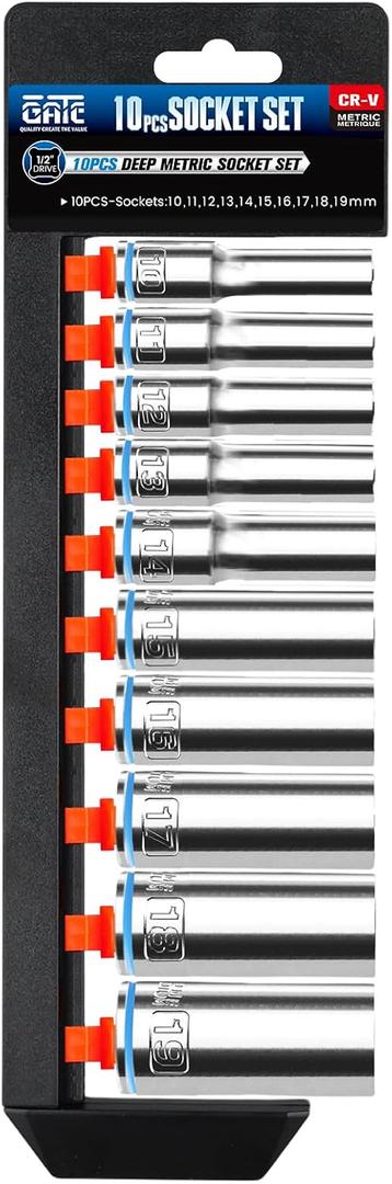 10PCS 1/2 Drive Deep Socket Set, Metric (10mm-19mm), 6-Point, Cr-V Steel, Chrome Plated Socket With Hanging Bracket, Cover Most Commonly Sizes