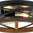 Farmhouse Ceiling Light, 2-Light Round Flush Mount Ceiling Light with Wood and Metal Frame, Black Rustic Light Fixture for Hallway, Entryway, Bedroom, Kitchen