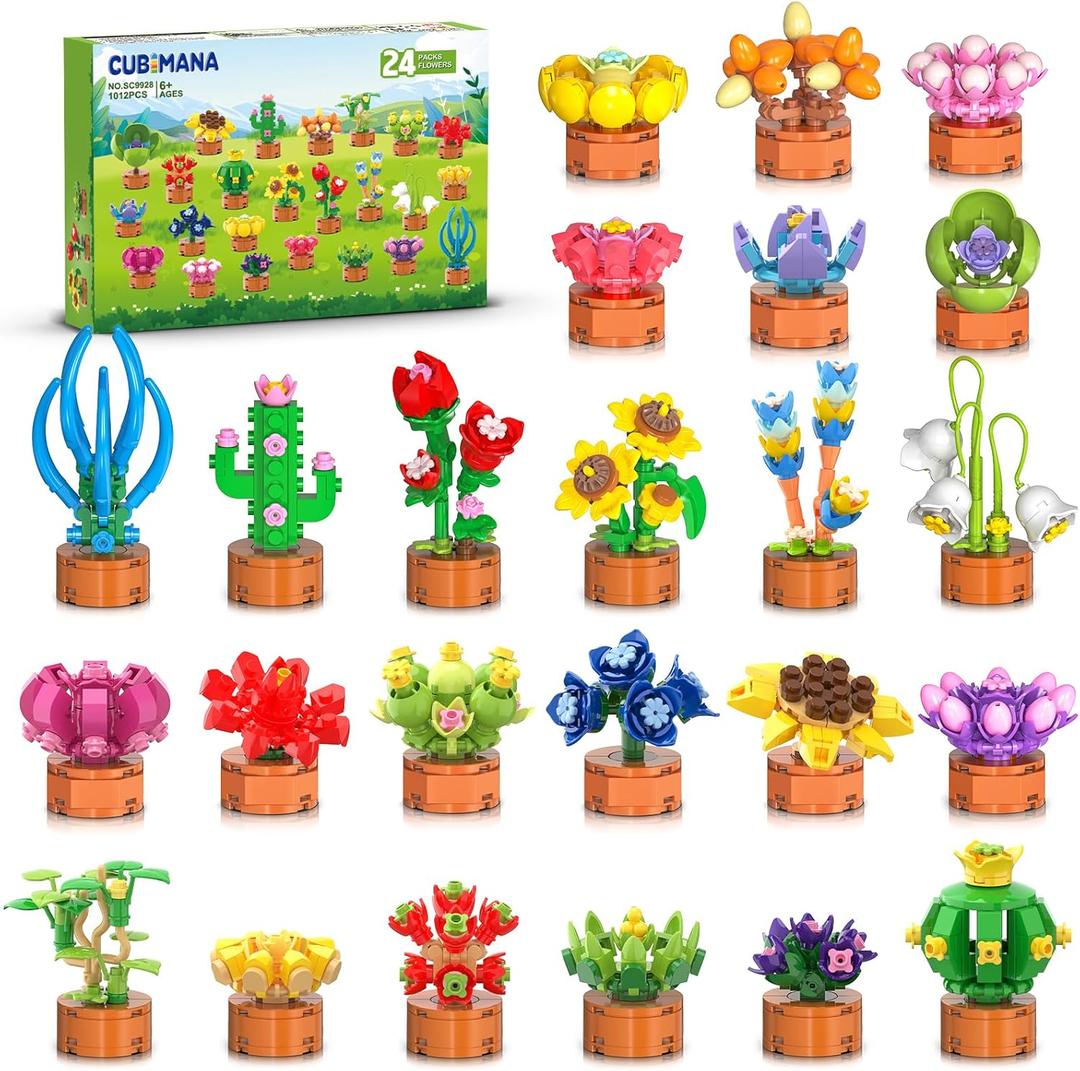 24 Pack Flowers Succulent Party Favors for Kids Building Set - 1012pcs Botanical Bonsai 3.6mm Mini Building Blocks Toy for Easter Basket Fillers Classroom Prize Stocking Stuffer Gift for Girl Boy 6+