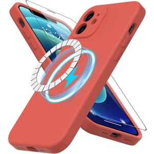 DEENAKIN Magnetic for iPhone 12 Case Silicone with Screen Protector - [Compatible with MagSafe] - Camera Protection - Slim Fit Protective Phone Cover 6.1" for Women Girls -Coral