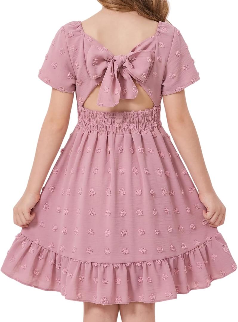 Noubeau Girls Summer Dress Tween Kids Short Sleeve Tie Back Off Shoulder Elegant Dresses 13-14 Years (Pink)
