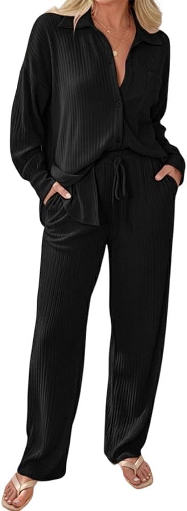 CHICME Womens 2 Piece Vacation Outfits Casual Resort Wear 2026 Beach Cover Up Button Down Shirt Loose Pants Set with Pockets, XL