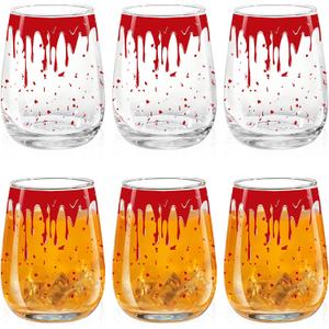 Maxcheck 6 Pack 18 oz Halloween Stemless Wine Glasses Halloween Wine Glass Set Clear Drinking Tumbler for Homes and Bars for Party Gift(Bloody)