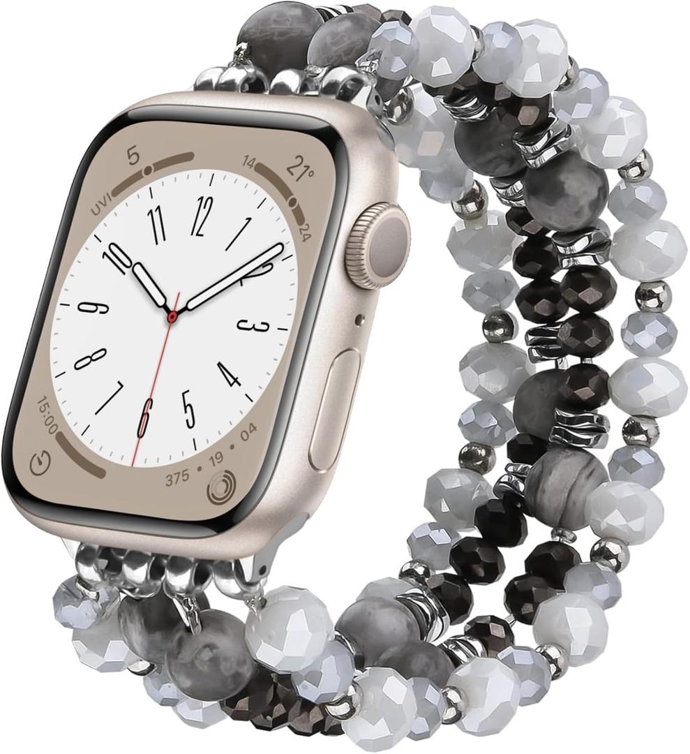 VISOOM Beaded Boho Bracelet Compatible for Apple Watch Band 40mm/38mm/41mm Series 9 8 7 SE Women Fashion Cute Handmade Crystal Beads Stretchy Watch Strap for iWatch Bands Series 6/5/4/3/2/1 (Black)