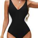 BMJL Women's One Piece Swimsuit Slimming Tummy Control Bathing Suit Deep V Neck Color Block Lace Up Back Swimwear (Large, Black)
