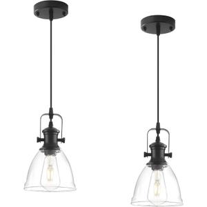 Black Pendant Lights Kitchen Island 2 Pack, Farmhouse Pendant Light, Industrial Clear Glass Pendant Light, 6.5 inches Kitchen Pendant Lighting Over Island Sink Dining Room