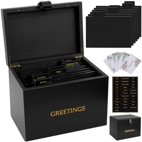 Bamboo Greeting Card Organizer Box - Engraved Floral, 6 Removable Dividers, Real Copper Leather Handle, Stores 100+ Cards, Greeting Card Storage Box for Birthday, Christmas, Valentine’s & More