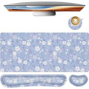 Large Mouse pad,4 in 1 Extended Keyboard Desk Mat with Wrist Rest,Non-Slip Desk Pad Protector Easy Typing Pain Relief for Home Office (Light Purple Flower)