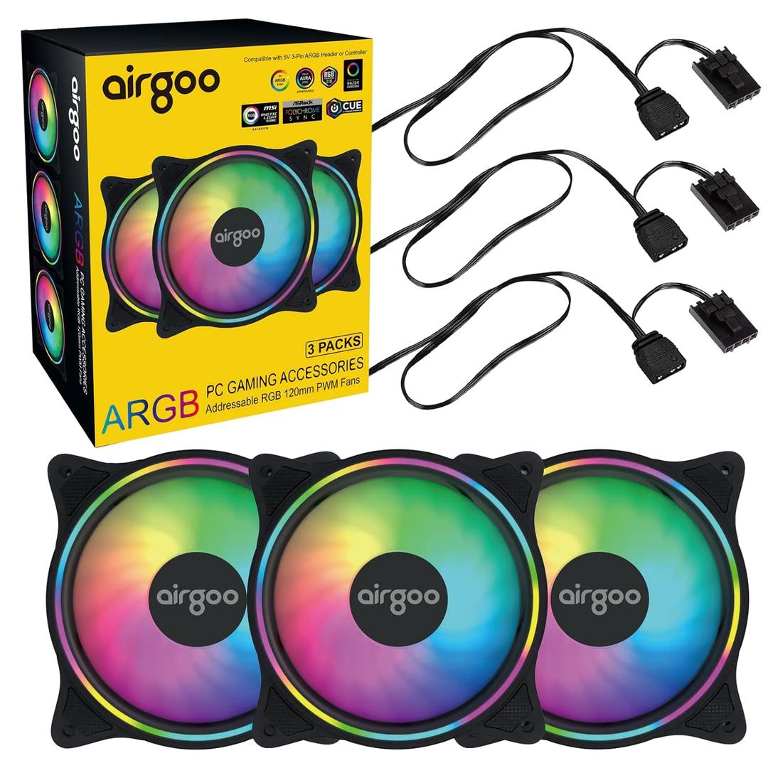 Airgoo 120mm ARGB PWM Case Fans, for Corsair Commander Core XT or Airgoo AG-DRGB16 SignalRGB Controller (Not Included), 3 Packs High Performance Low Noise Cooling PC Fans