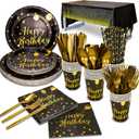 Disposable Party Dinnerware Set &Disposable Birthday Party Dinnerware Paper Plates Napkins Cups, Gold Plastic Forks Knives Spoons (Black/Gold)