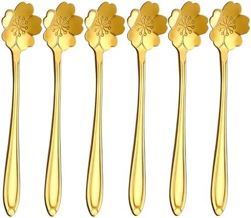 ICAHG Teaspoon Set, 6 Pieces Flower Coffee Tea Spoons, Food Grade Stainless Steel Tea Spoons, Good Teaspoons, Tea Party Flower Fancy Tableware Set Stir Bar Creative Stirring Teaspoon (Gold)