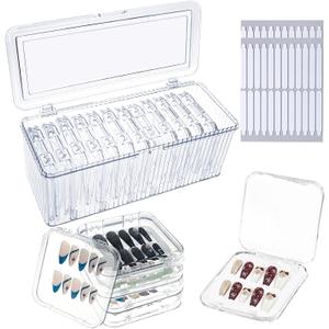 Press on nail storage 12 PCS Acrylic Nail Storage Box - Portable Versatile Organizer for Press - On Nails, Jewelry and More with 60 Pcs Adhesive Double Sided Tape
