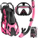 Snorkeling Gear for Adults, Mask Fin Snorkel Set, Dry Top Snorkel, Snorkeling Kit Travel Diving Package, Panoramic View Anti-Fog Anti-Leak Adjustable Swim Fins (Small-Medium, Pink)