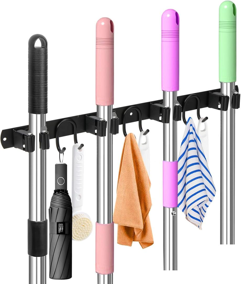 Mop Broom Holder Wall Mount, Black Stainless Steel Tool Storage Organizer for Kitchen Garden Garage Laundry Room Bathroom and RV with 4 Slots 6 Hooks (Black-1 Pack)