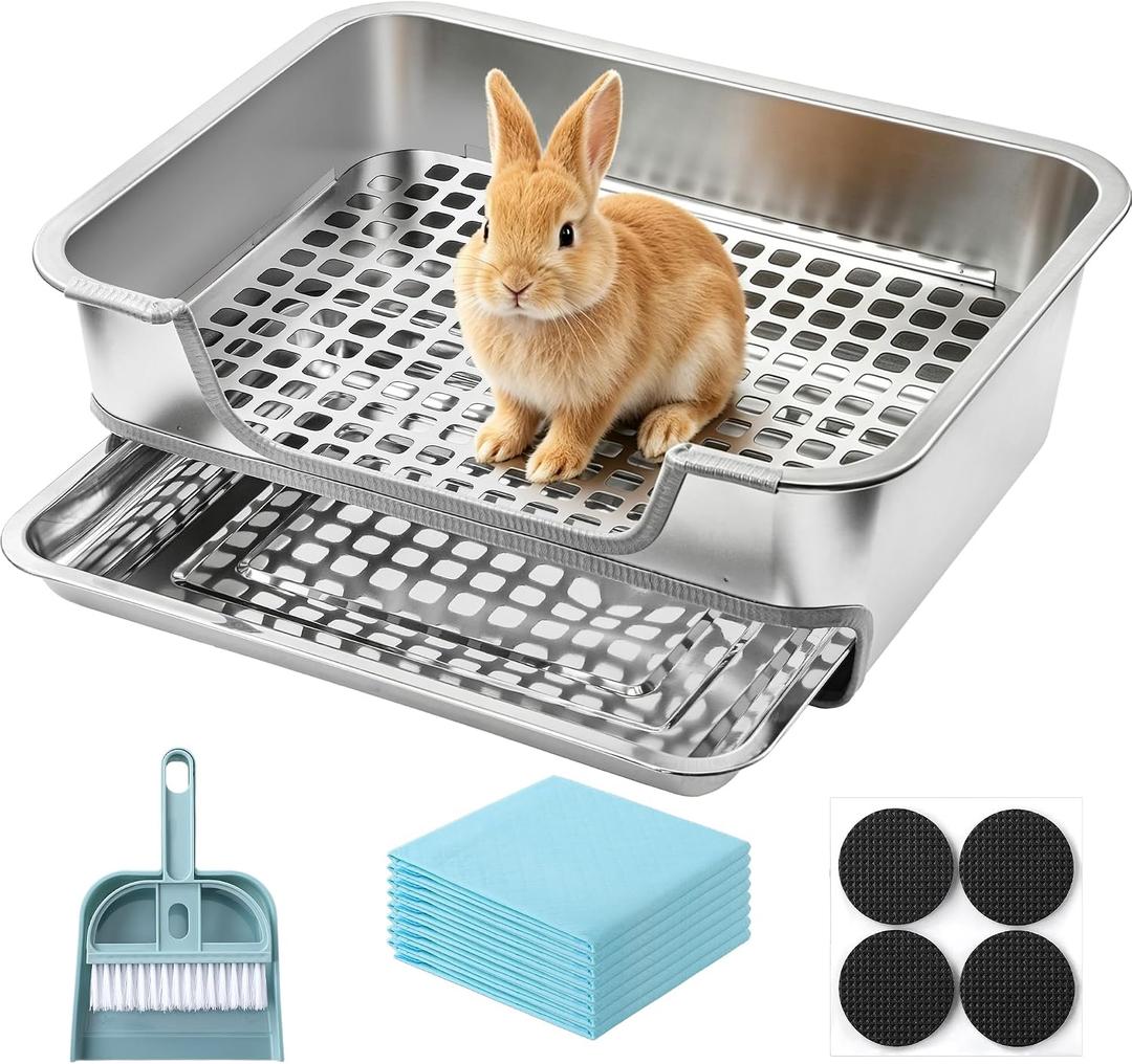 MCEAST Extra Large Stainless Steel Rabbit Litter Box, Pull-Out Bunny Potty Pan with Metal Grid, Rabbit Cage Bathroom Set Includes Pee Pads Cleaning Set for Small Animals (17.7" x 13.8" x 5.9")