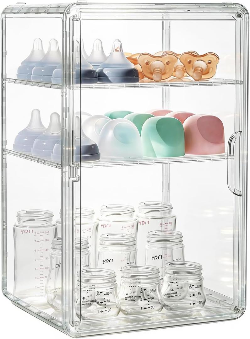 3-Tier Baby Bottle Organizer, Clear Acrylic Stackable Storage Bins Transparent Plastic Baby Bottle Station for Countertop, Cabinet, Bathroom, Vanity, Kitchen, Closet