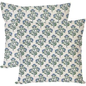 PANDICORN Block Print Pillow Covers 18x18 Inch Set of 2 Vintage Blue Green Floral Boho Outdoor Farmhouse Spring Summer Decorations Decorative Throw Pillow Cases for Home Couch Bed Living Room Decor