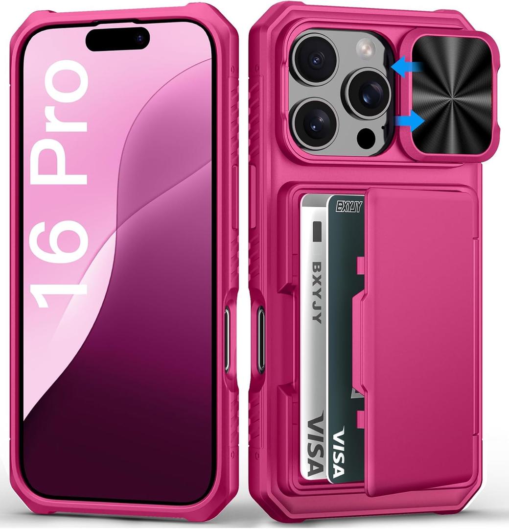 BXYJY for iPhone 16 Pro Wallet Case with Credit Card Holder (4-5 Cards), Military Grade Protection, Slide Camera Cover, Hard Rugged Women Girly Men Protective Phone Case for iPhone 16 Pro, Hot Pink