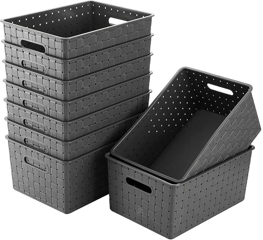 Bekith 9 Pack Woven Plastic Storage Basket, Organizing Pantry Storage Bins for Toys, Accessories, Bedroom, Classrooms, Office, School, 10" L x 7" W x 4.4" H, Grey
