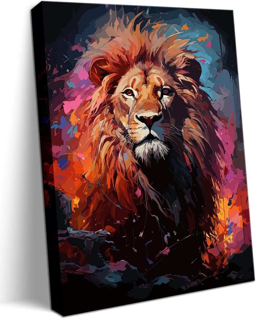 KISSFOX Lion Canvas Wall Art Framed Wall Decor for Men's Gifts Lion Room Decor Colourful Pictures Animal Painting to Decorate Home,Office, Living Room Bedroom